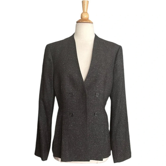 REBECCA TAYLOR Wool Silk Blazer Herringbone Peplum Double Breasted Gray, Size 10 - Picture 1 of 16